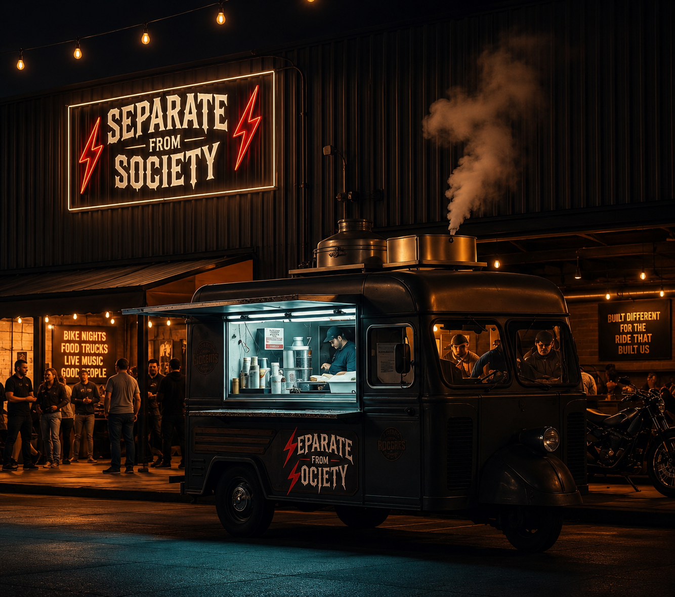 Food truck outside the motorcycle shop at night