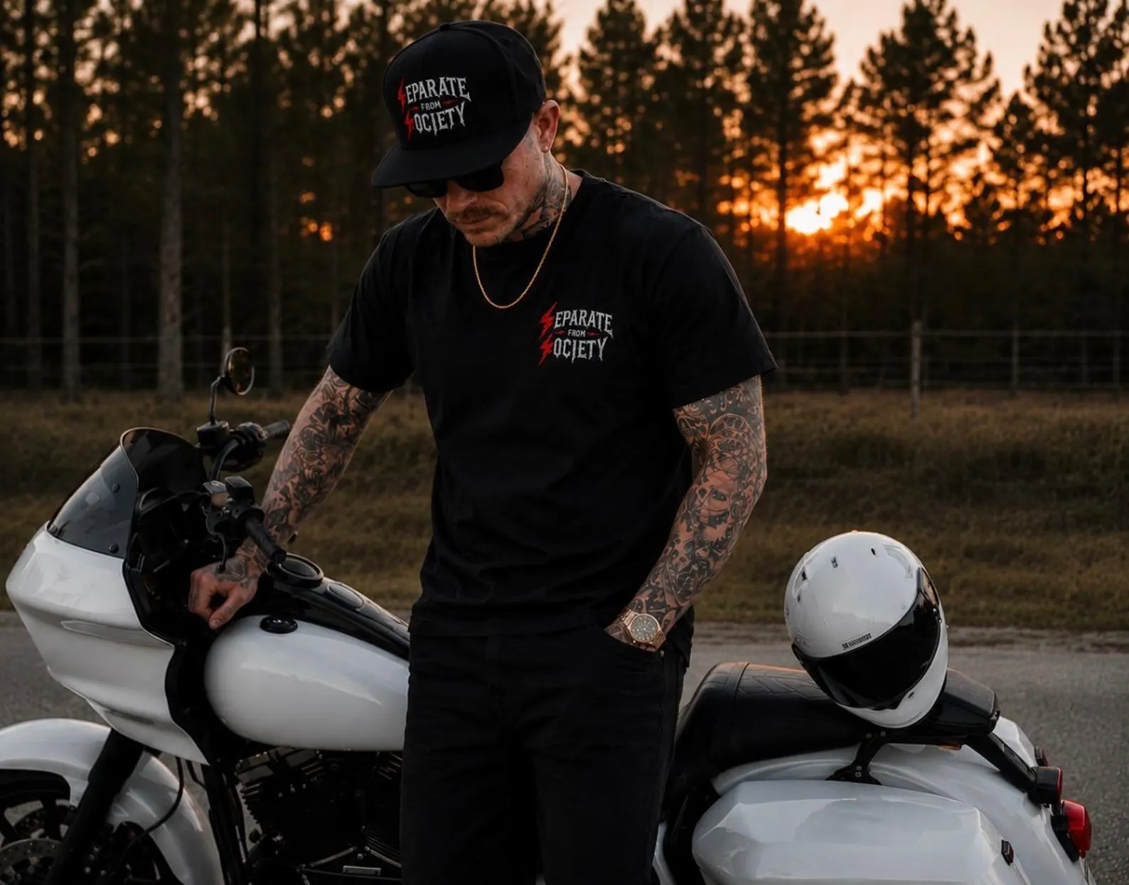 Bolt Tee — rider on Harley at sunset