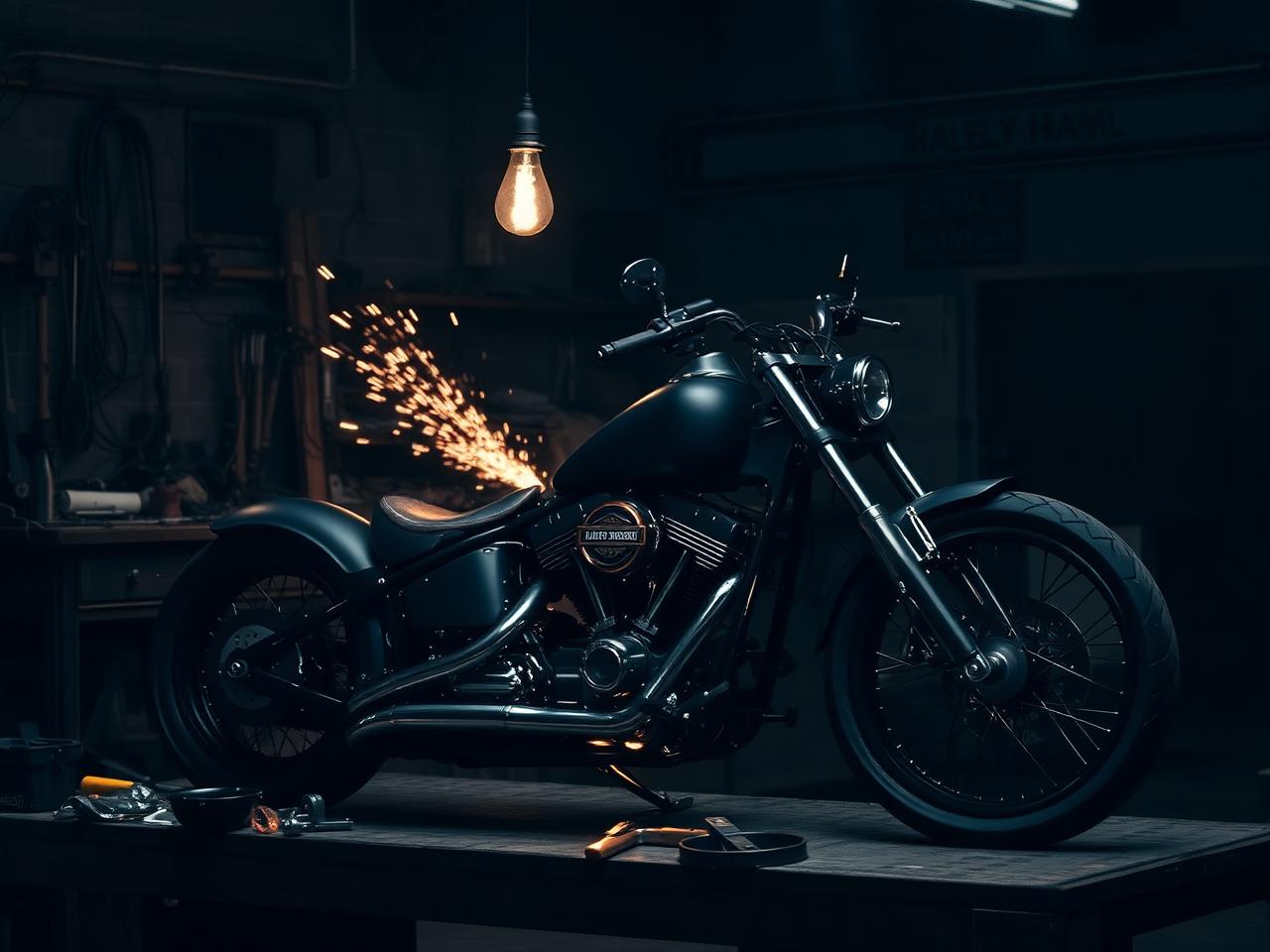 Custom Harley being worked on inside the garage